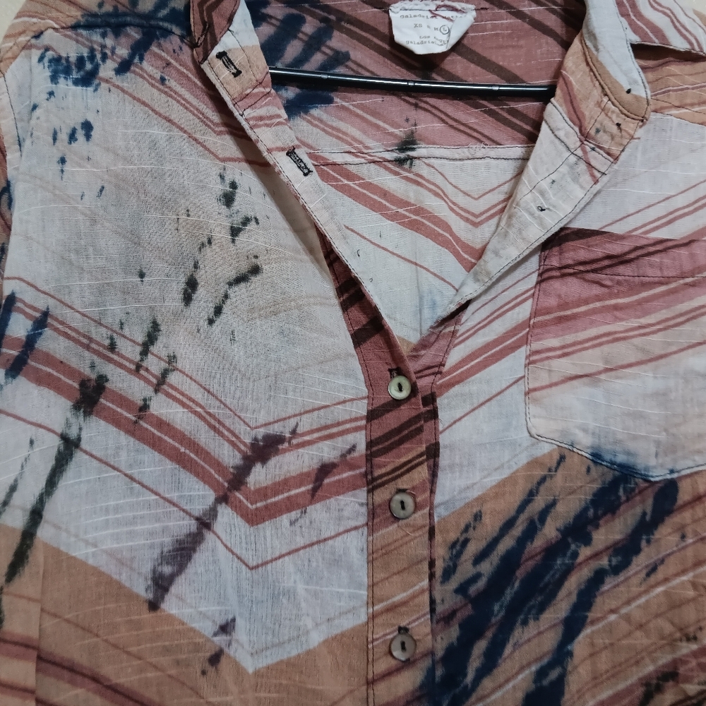 Galadriel Mattei Tan Burgundy White Stripe Cotton Button Front Shirt Top - Picture 2 of 4